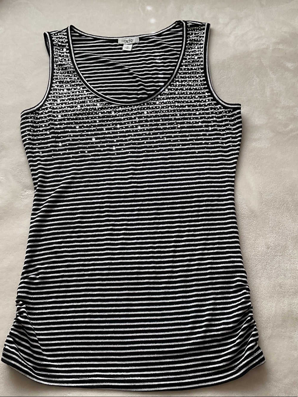 Cache Black & White Striped Tank with Rhinestone Detail